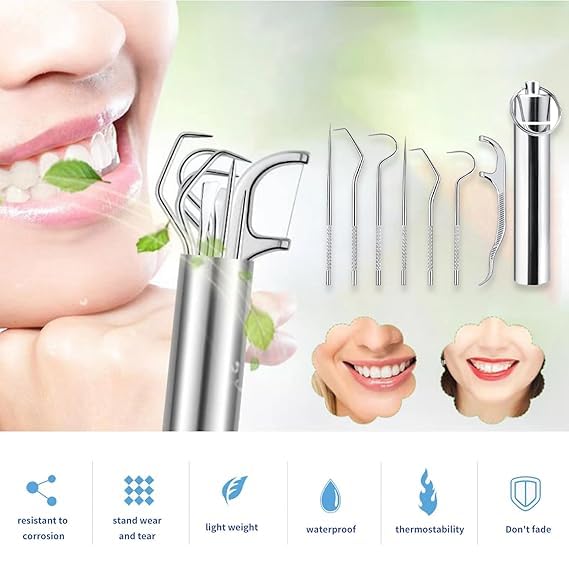Gyanadh tooth claening kit, Dental Tools 7 in 1 Stainless Steel Teeth Cleaning Tool Kit Reusable Toothpick Reusable, Toothpick Metal Pocket Tooth Pick Holder For Outdoor Picnics and Camping - Image 2