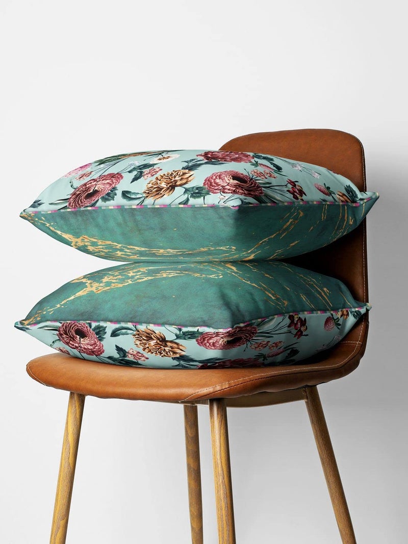 BIANCA Designer Reversible Printed Silk Linen Cushion Covers -2pc 16 X16 Set (Suzane) | with Contrast Front & Back Digital Print | - Hidden Zipper Floral-Abstract-Mint/Teal - Image 2