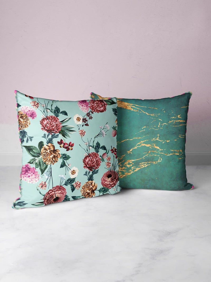 BIANCA Designer Reversible Printed Silk Linen Cushion Covers -2pc 16 X16 Set (Suzane) | with Contrast Front & Back Digital Print | - Hidden Zipper Floral-Abstract-Mint/Teal - Image 1