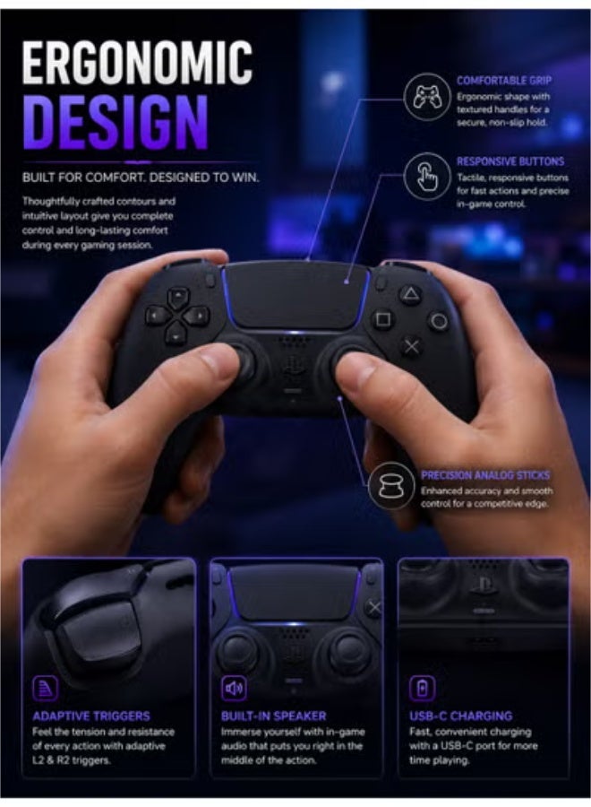 Eworld PlayStation 5 DualSense Wireless Controller – Midnight Black, Adaptive Triggers, Haptic Feedback, Built-in Microphone, USB-C Charging - Image 3