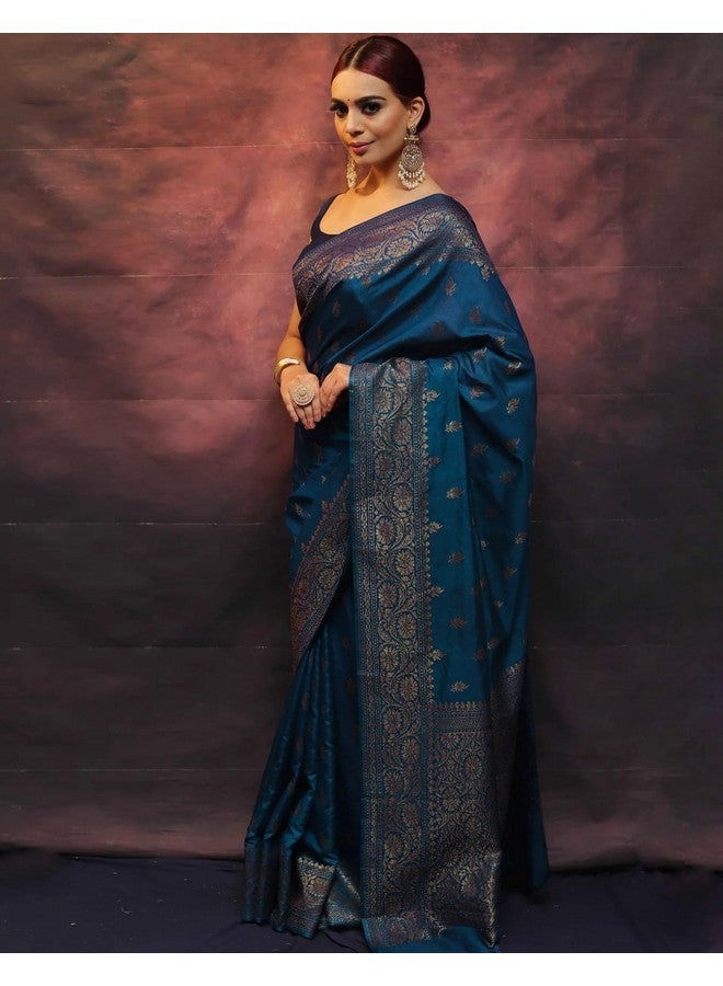 SIRIL ساري سيريلي للنساء من حرير بناراسي ناعم حرير نقي مع قطعة بلوز غير مخيطة (3730S390_أزرق تيل) - Image 2