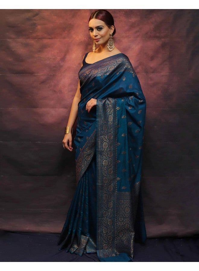 SIRIL ساري سيريلي للنساء من حرير بناراسي ناعم حرير نقي مع قطعة بلوز غير مخيطة (3730S390_أزرق تيل) - Image 3