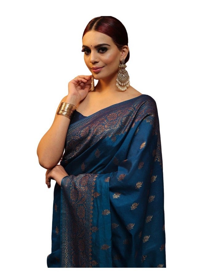 SIRIL ساري سيريلي للنساء من حرير بناراسي ناعم حرير نقي مع قطعة بلوز غير مخيطة (3730S390_أزرق تيل) - Image 1