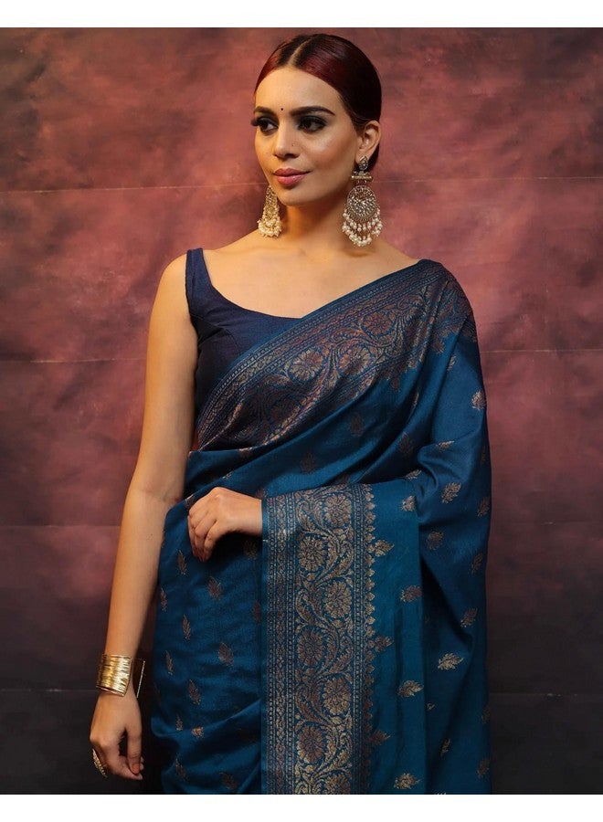 SIRIL ساري سيريلي للنساء من حرير بناراسي ناعم حرير نقي مع قطعة بلوز غير مخيطة (3730S390_أزرق تيل) - Image 4