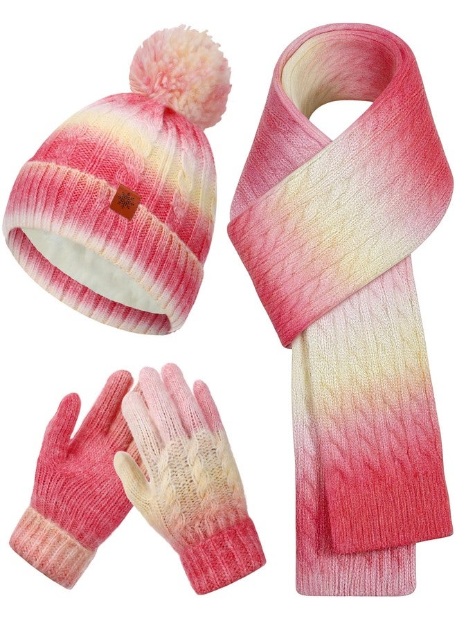 ShinyMatch 3 Pcs ShinyMarch Kids Winter Hat Scarf Gloves Set Thick Thermal Lined Beanie with Pom Warm Neck Gaiter Knit Mittens for Boys Girls (Pink-yellow Fade,9-12 Years) - Image 1