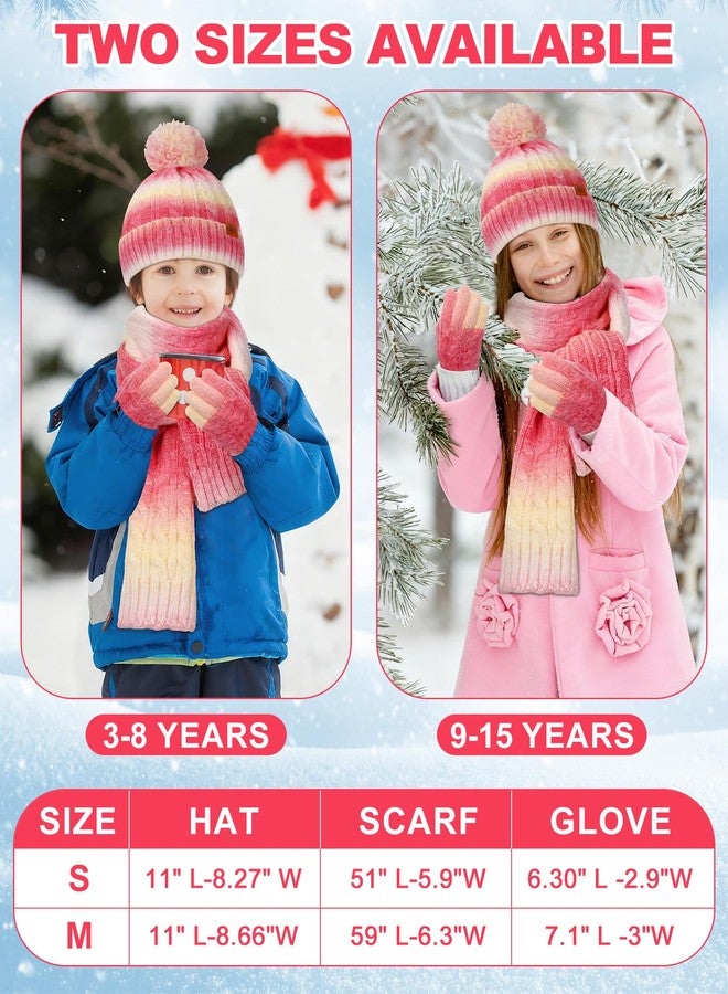 ShinyMatch 3 Pcs ShinyMarch Kids Winter Hat Scarf Gloves Set Thick Thermal Lined Beanie with Pom Warm Neck Gaiter Knit Mittens for Boys Girls (Pink-yellow Fade,9-12 Years) - Image 2