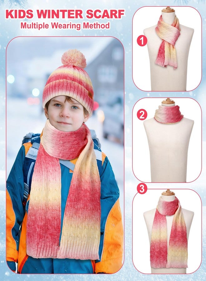 ShinyMatch 3 Pcs ShinyMarch Kids Winter Hat Scarf Gloves Set Thick Thermal Lined Beanie with Pom Warm Neck Gaiter Knit Mittens for Boys Girls (Pink-yellow Fade,9-12 Years) - Image 4