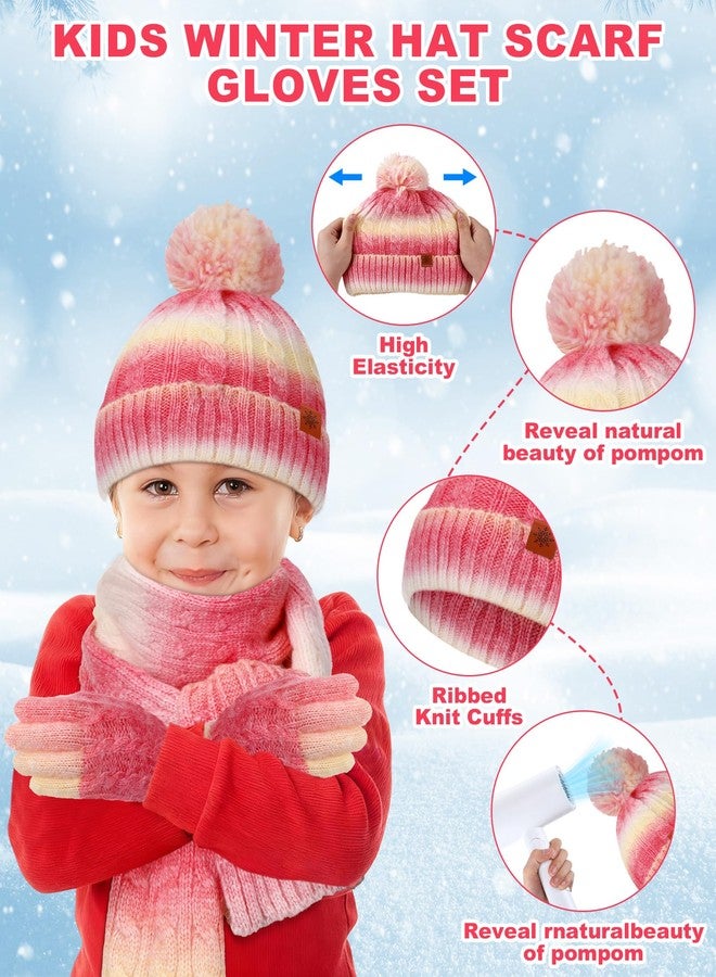 ShinyMatch 3 Pcs ShinyMarch Kids Winter Hat Scarf Gloves Set Thick Thermal Lined Beanie with Pom Warm Neck Gaiter Knit Mittens for Boys Girls (Pink-yellow Fade,9-12 Years) - Image 3