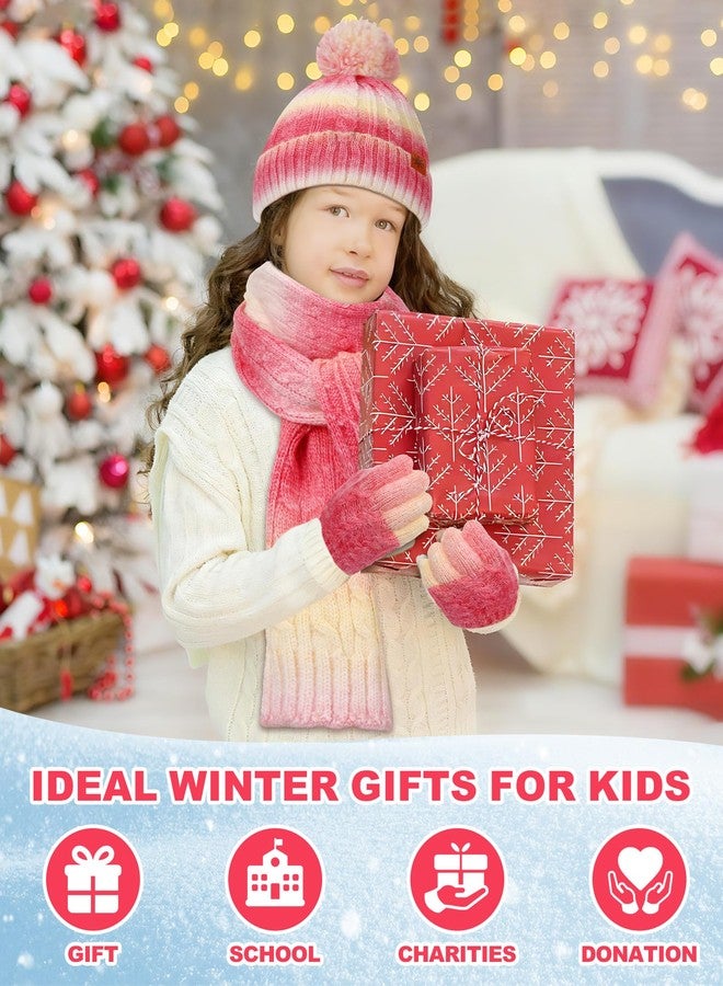 ShinyMatch 3 Pcs ShinyMarch Kids Winter Hat Scarf Gloves Set Thick Thermal Lined Beanie with Pom Warm Neck Gaiter Knit Mittens for Boys Girls (Pink-yellow Fade,9-12 Years) - Image 5