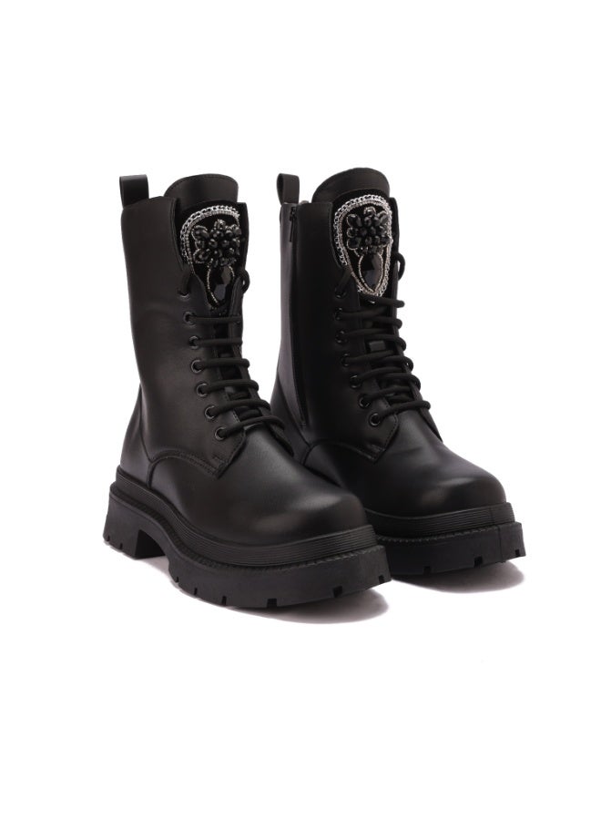 Imported Leather Boot With Embroidery And Accessories - Comfortable Sole - Black - Image 2