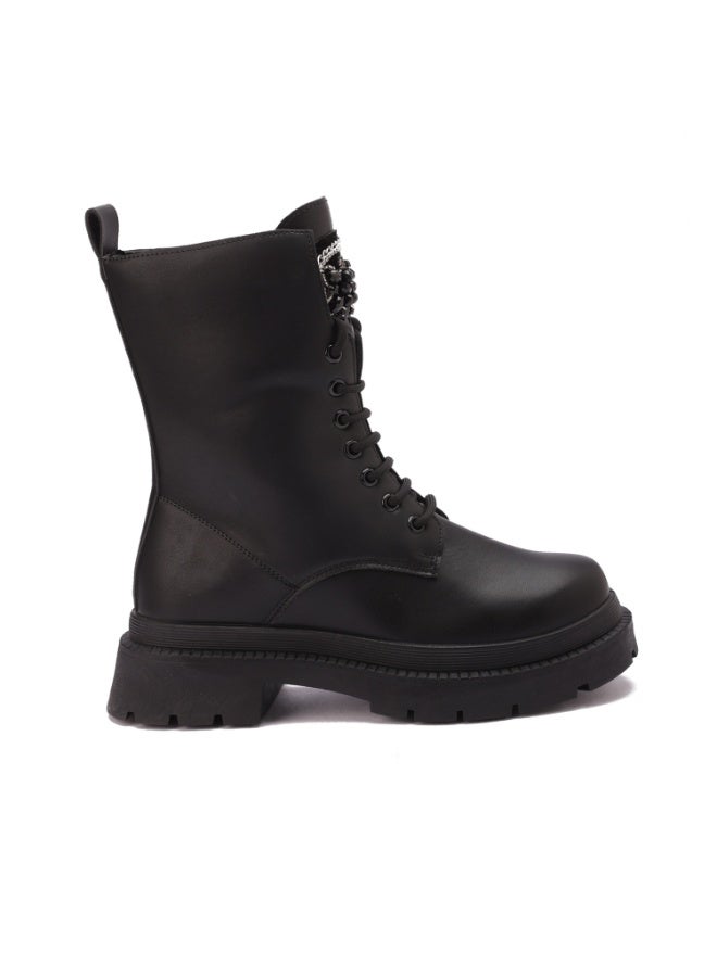 Imported Leather Boot With Embroidery And Accessories - Comfortable Sole - Black - Image 4