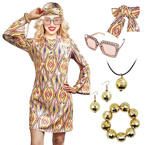 MRYUWB 70s Women Disco Dress Hippie Costumes Necklace Earrings Glasses, 60s 70s Birthday Outfits, 1970s Clothing Prom Dresses (Elegant Gold, X-Large) - Image 1