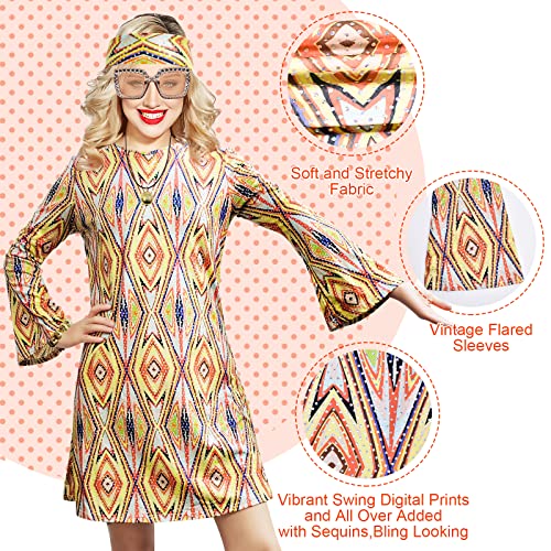 MRYUWB 70s Women Disco Dress Hippie Costumes Necklace Earrings Glasses, 60s 70s Birthday Outfits, 1970s Clothing Prom Dresses (Elegant Gold, X-Large) - Image 5