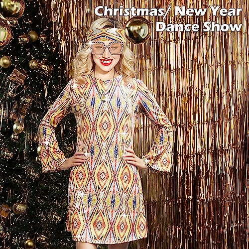 MRYUWB 70s Women Disco Dress Hippie Costumes Necklace Earrings Glasses, 60s 70s Birthday Outfits, 1970s Clothing Prom Dresses (Elegant Gold, X-Large) - Image 2