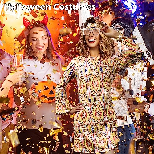 MRYUWB 70s Women Disco Dress Hippie Costumes Necklace Earrings Glasses, 60s 70s Birthday Outfits, 1970s Clothing Prom Dresses (Elegant Gold, X-Large) - Image 4