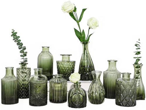 TBWIND 12pcs Green Glass Bud Vases Set, Small Vases for Flowers, Bud Vase for Centerpieces in Bulk, Mini Vintage Vase for Wedding Decorations, Office and Home Table Flower Décor - Image 1