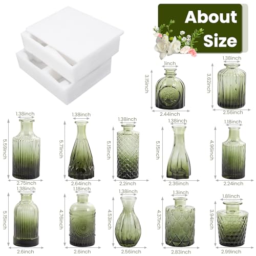 TBWIND 12pcs Green Glass Bud Vases Set, Small Vases for Flowers, Bud Vase for Centerpieces in Bulk, Mini Vintage Vase for Wedding Decorations, Office and Home Table Flower Décor - Image 2