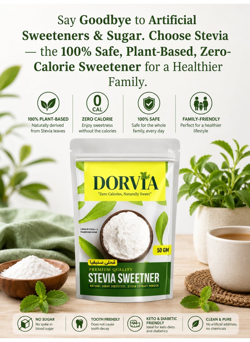 DORVIA Stevia Sweetener Powder (50g) | 100% Plant-Based Natural Sugar Substitute | Sweetness Equal to 2kg Sugar | Zero Calorie, Keto & Diabetic Friendly | No Aspartame, Acesulfame, Sucralose, or Erythritol | Healthy Low-Glycemic Sweetener - Image 2