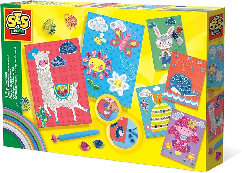 SES Creative 14015 Quilling Sticker Cards, Diverse Colours boy toys, girl toys, birthday gift, Christmas gift, growth, fun, for kids.