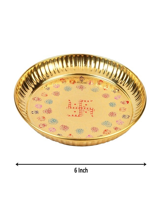 Klassic 6 Inch Pure Brass Swastik Design Puja Thali | Floral Embossed Brass Aarti Plate for Roli Chawal, Kumkum Haldi & Prasad | Mandir Pooja Thali for Home, Office, Diwali & Gifting - Image 2