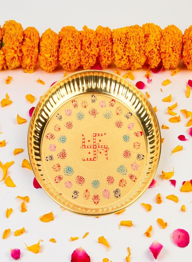 Klassic 6 Inch Pure Brass Swastik Design Puja Thali | Floral Embossed Brass Aarti Plate for Roli Chawal, Kumkum Haldi & Prasad | Mandir Pooja Thali for Home, Office, Diwali & Gifting - Image 1