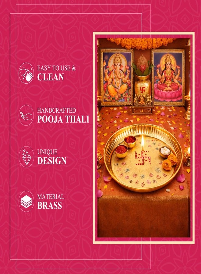 Klassic 6 Inch Pure Brass Swastik Design Puja Thali | Floral Embossed Brass Aarti Plate for Roli Chawal, Kumkum Haldi & Prasad | Mandir Pooja Thali for Home, Office, Diwali & Gifting - Image 5