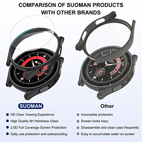 Suoman 2+2 Pack for Samsung Galaxy Watch 5 Pro 45mm Case, [Anti-Scratch] 9H Tempered Glass Screen Protector, All-Round PC Matte Protective Cover Bumper -Black - Image 5