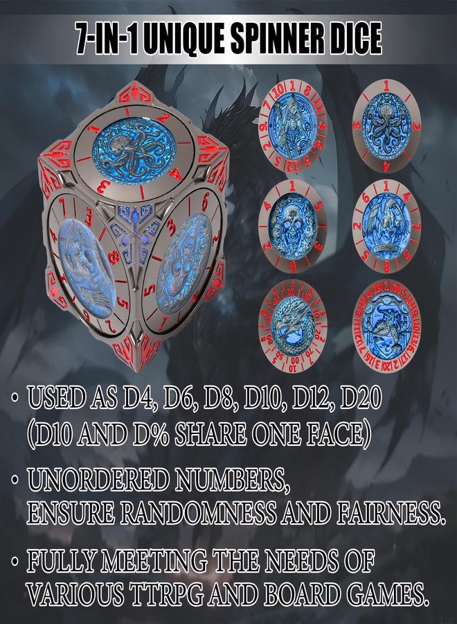 Froggod Roulette Dice Spinner 7-in-1 Metal DND Dice Set with 3D Relief - Mechanical DND Spinner for Dungeons and Dragons Gifts, DM & Players(Black Blue) - Image 2