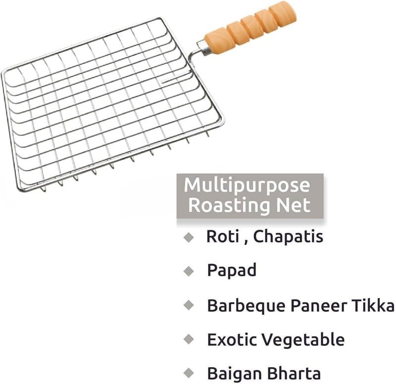 Nohunt Phulka Grill Roaster for Gas Stove, Grill Tawa Jali for Kitchen Cooking, Roti Basket Pulka Pan Roaster Grill with Wood Handle, Papad Jali, Deep Square Roaster (Steel Wire) (SQ002) - Image 2
