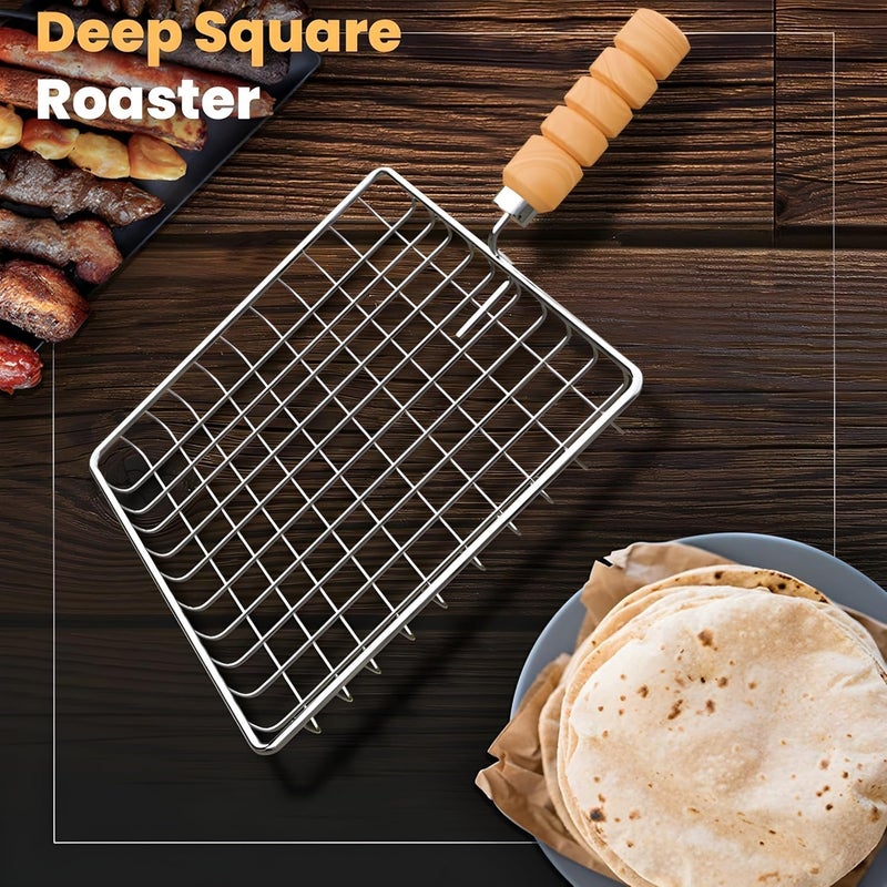Nohunt Phulka Grill Roaster for Gas Stove, Grill Tawa Jali for Kitchen Cooking, Roti Basket Pulka Pan Roaster Grill with Wood Handle, Papad Jali, Deep Square Roaster (Steel Wire) (SQ002) - Image 5