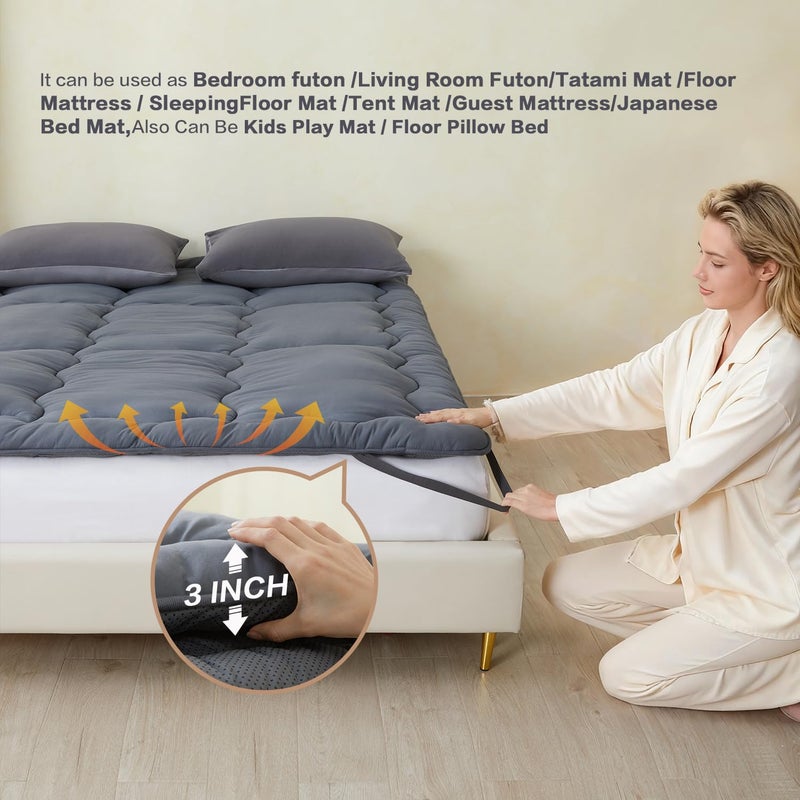SAPHREAS Japanese Futon Mattress Floor Mattress Full, 3" Foldable Roll Up Bed Mattress Topper with Elastic Straps, Tatami Mat Sleeping Pad for Camping, Grey - Image 5
