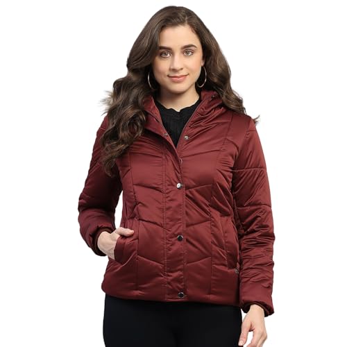 Monte Carlo Womens Regular Fit Solid Hooded Zipper Full Sleeve Winter Jacket Women Winter Jacket | Stylish Zipper Jacket | Casual Winter Wear For Women's Maroon XXL - Image 1