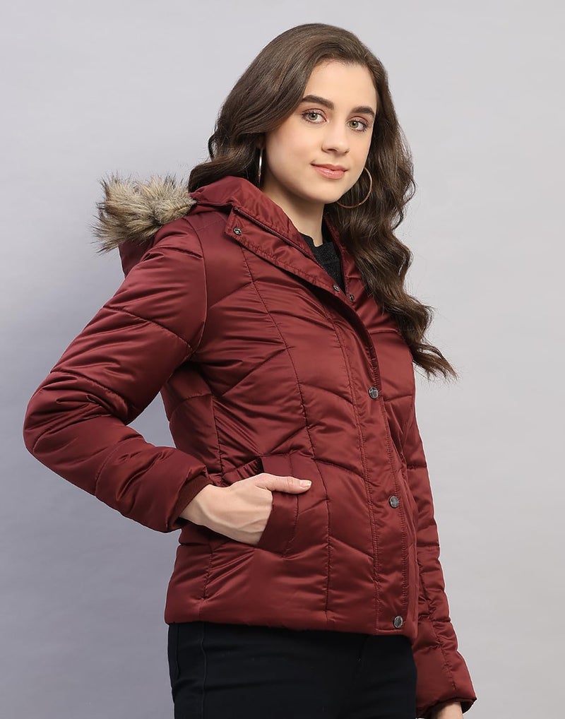 Monte Carlo Womens Regular Fit Solid Hooded Zipper Full Sleeve Winter Jacket Women Winter Jacket | Stylish Zipper Jacket | Casual Winter Wear For Women's Maroon XXL - Image 3