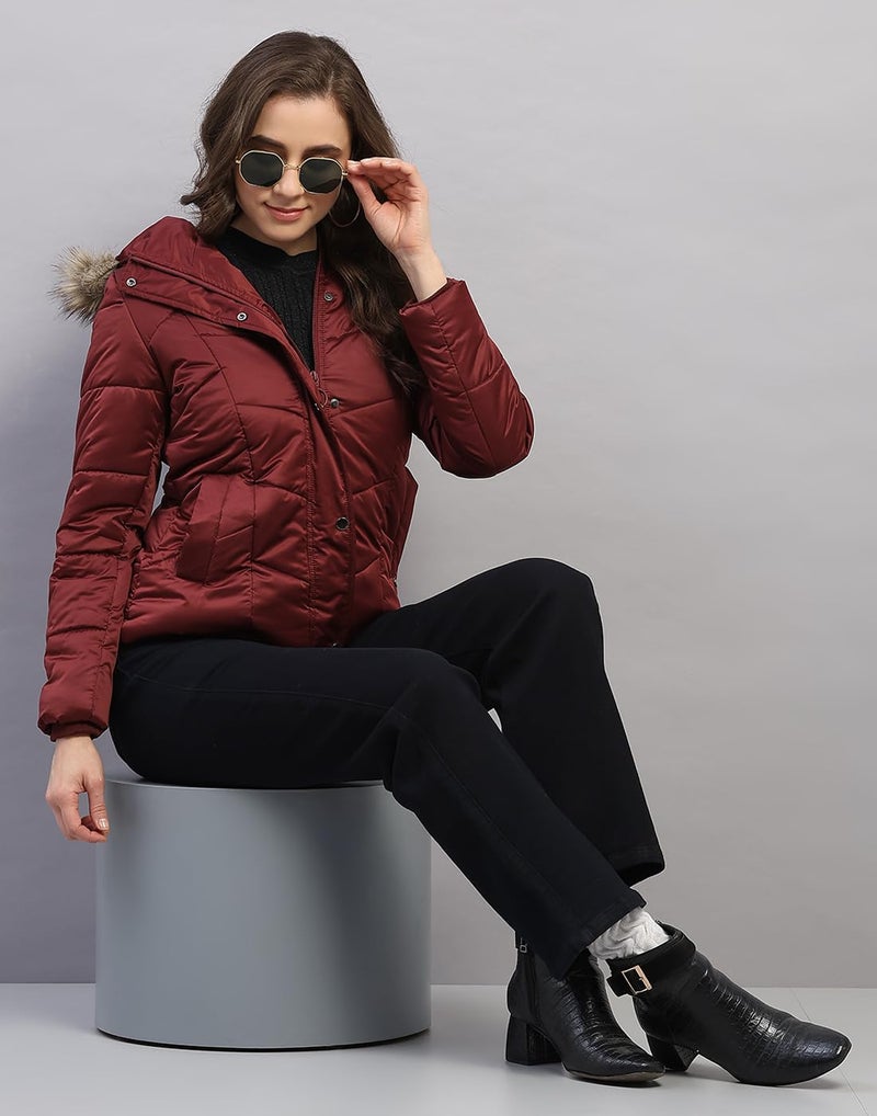 Monte Carlo Womens Regular Fit Solid Hooded Zipper Full Sleeve Winter Jacket Women Winter Jacket | Stylish Zipper Jacket | Casual Winter Wear For Women's Maroon XXL - Image 5