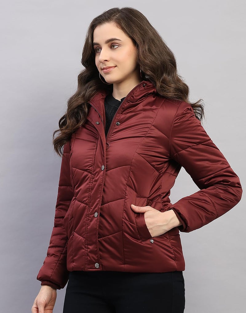 Monte Carlo Womens Regular Fit Solid Hooded Zipper Full Sleeve Winter Jacket Women Winter Jacket | Stylish Zipper Jacket | Casual Winter Wear For Women's Maroon XXL - Image 2
