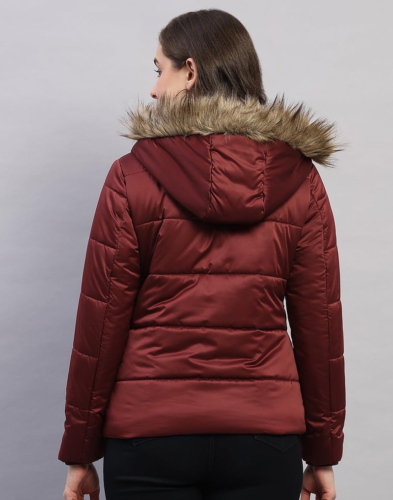 Monte Carlo Womens Regular Fit Solid Hooded Zipper Full Sleeve Winter Jacket Women Winter Jacket | Stylish Zipper Jacket | Casual Winter Wear For Women's Maroon XXL - Image 4