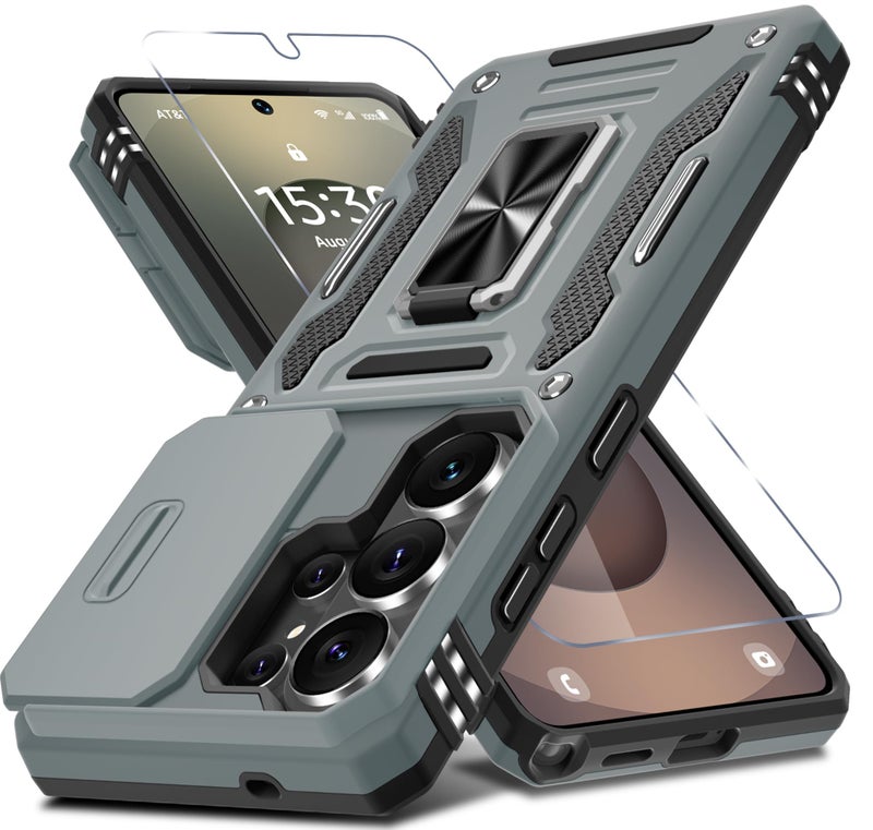 DEERLAMN Case for Samsung Galaxy S26 Ultra 6.9-Inch with Slide Camera Cover+Screen Protector(1 Pack), Rotated Ring Kickstand Military Grade Shockproof Protective Cover-Grey - Image 1