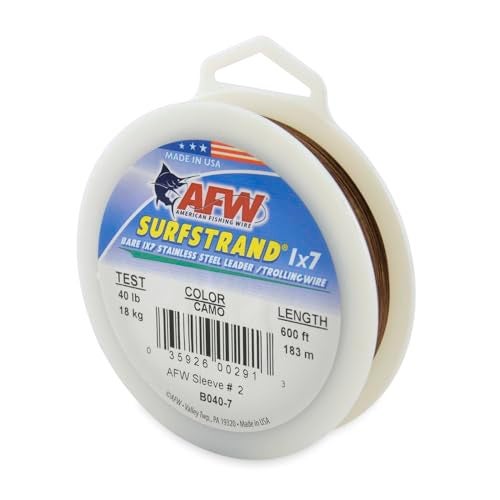 AFW American Fishing Wire Surfstrand, Bare 1x7 Stainless Steel Leader Wire, 40 lb Test, 0.015" Diameter, Camo, 600 ft - Image 1