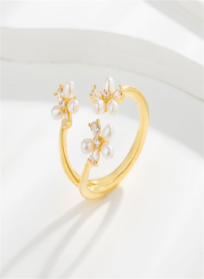 OIDIMS CZ Flower Pearl Ring for Women 14K Gold-Tone Plated Daisy Statement Ring Dainty Crystal Cubic Zirconia Wrap Band Minimalist Eternal Promise Jewelry Comfort Fit Promise Love for Girlfriend - Image 5
