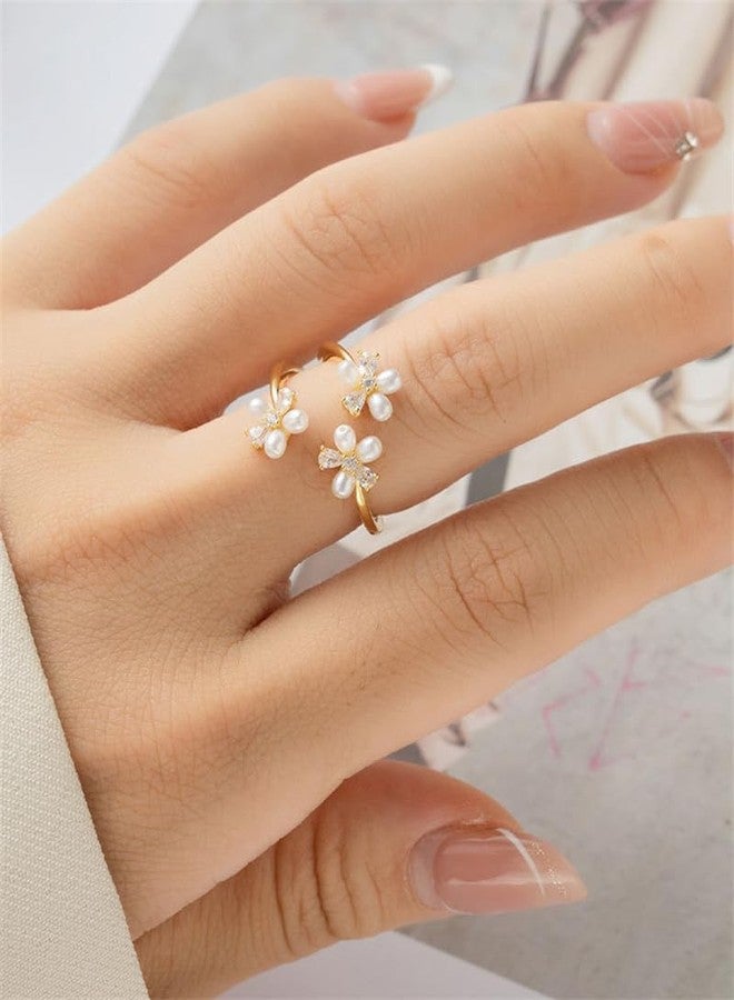 OIDIMS CZ Flower Pearl Ring for Women 14K Gold-Tone Plated Daisy Statement Ring Dainty Crystal Cubic Zirconia Wrap Band Minimalist Eternal Promise Jewelry Comfort Fit Promise Love for Girlfriend - Image 3