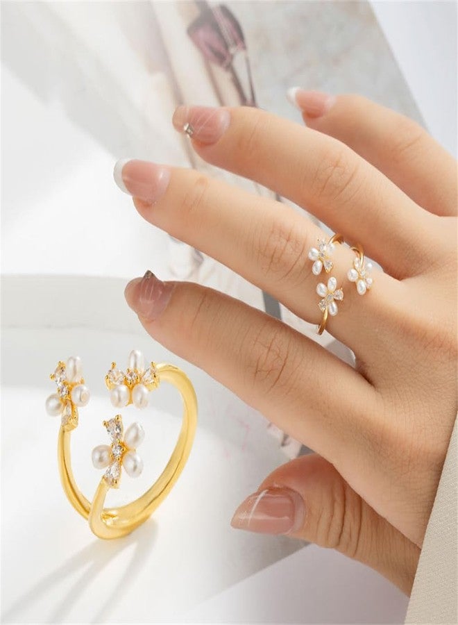 OIDIMS CZ Flower Pearl Ring for Women 14K Gold-Tone Plated Daisy Statement Ring Dainty Crystal Cubic Zirconia Wrap Band Minimalist Eternal Promise Jewelry Comfort Fit Promise Love for Girlfriend - Image 2