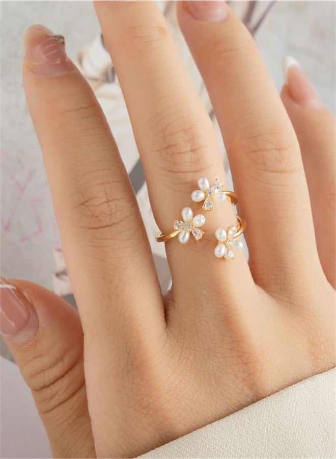 OIDIMS CZ Flower Pearl Ring for Women 14K Gold-Tone Plated Daisy Statement Ring Dainty Crystal Cubic Zirconia Wrap Band Minimalist Eternal Promise Jewelry Comfort Fit Promise Love for Girlfriend - Image 4