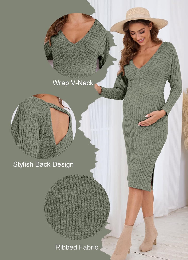 guruixu Wrap V Neck Maternity Sweater Dress Rib Knit Batwing Open Back Slit Pregnancy Dresses for Baby Shower Maternity Photoshoot Outfits - Image 4