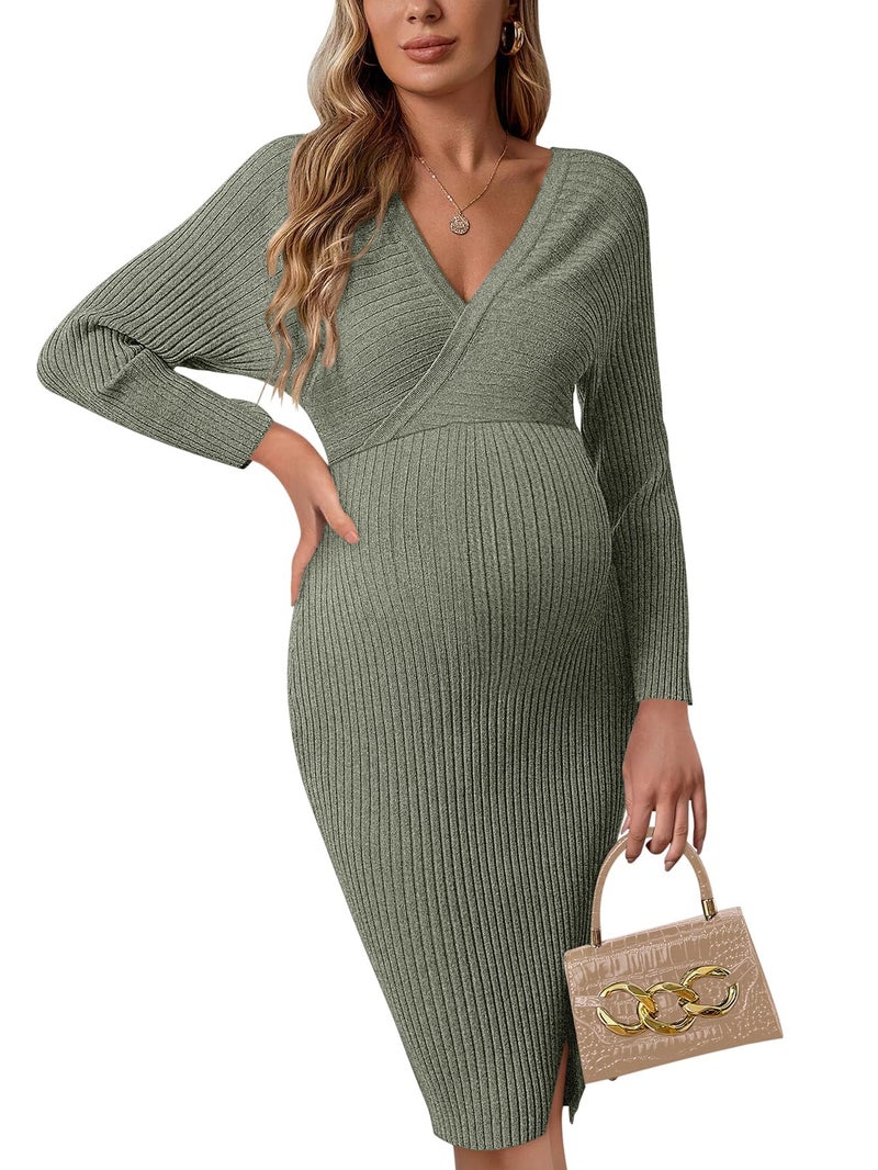 guruixu Wrap V Neck Maternity Sweater Dress Rib Knit Batwing Open Back Slit Pregnancy Dresses for Baby Shower Maternity Photoshoot Outfits - Image 1