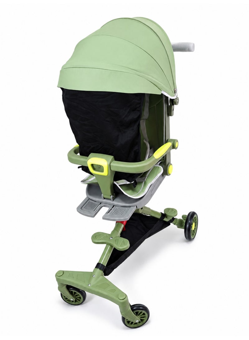 Portable Lightweight Foldable Two-Way Baby Stroller with Adjustable Canopy and Storage Basket - Grass Green - Image 2