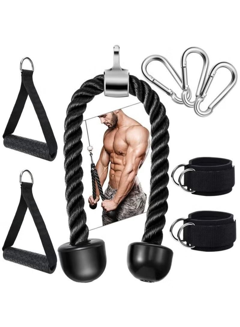 WALALLA Tricep Rope Cable Machine Attachment Triceps Pull Down Rope, 2 Cable Handles,3 Carabiner clips and 2 Ankle Straps,Home Gym Accessories for Arm Strength Workout Training - Image 1