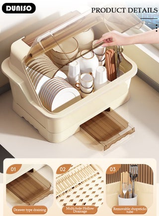 Dish Drying Rack with Lid, Large Dish Rack for Kitchen Cabinets, Plastic Dish Drainer with Drainboard Tray, Kitchen Plate Cup Tray Cutlery Drainer, Space Saving Kitchen Countertop Organizer, Dustproof Nursing Baby Bottle Drying Rack Storage Box - view 3