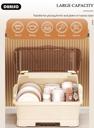 Dish Drying Rack with Lid, Large Dish Rack for Kitchen Cabinets, Plastic Dish Drainer with Drainboard Tray, Kitchen Plate Cup Tray Cutlery Drainer, Space Saving Kitchen Countertop Organizer, Dustproof Nursing Baby Bottle Drying Rack Storage Box - view 2