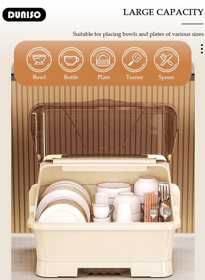 DUNISO Dish Drying Rack with Lid, Large Dish Rack for Kitchen Cabinets, Plastic Dish Drainer with Drainboard Tray, Kitchen Plate Cup Tray Cutlery Drainer, Space Saving Kitchen Countertop Organizer, Dustproof Nursing Baby Bottle Drying Rack Storage Box  - Image 2
