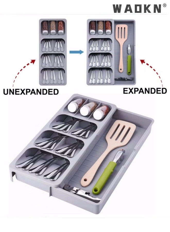 WAOKN Small Silverware Drawer Organizer, Expandable BPA Free Utensil Tray for Kitchen, Adjustable Flatware and Cutlery Holder for Spoons Forks Knives, Plastic Kitchen Organizers and Storage,Kitchen Silverware Utensil Cutlery Drawer Organizer, Expandable Adjustable Flatware Spoon Fork Storage Tray for Kitchen Gadgets Expandable Cutlery Drawer Organizer,Grey - Image 2